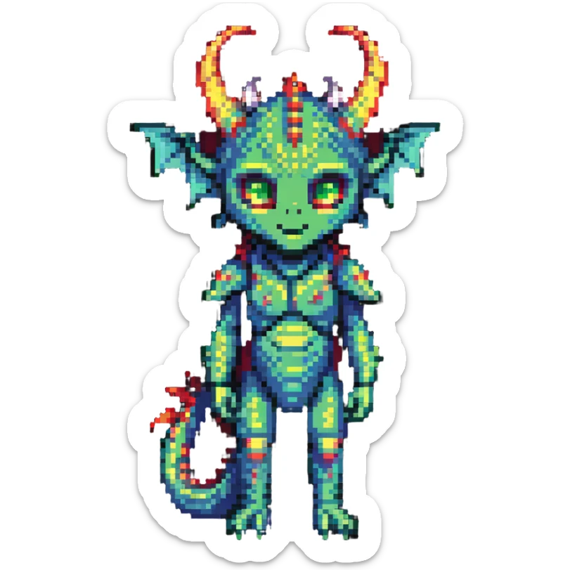child with a mix of dragon 20%, alien 60%, and demon 20% traits sticker