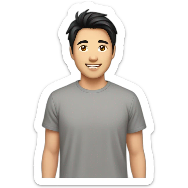 guy, black hair, medium length hair, in his 20s, very asian, smiling, t-shirt only, slight brown skin sticker