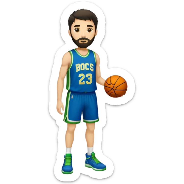 Full Body  white male basketball player with short shaggy dark hair and gold tee beard wearing blue and green uniform sticker