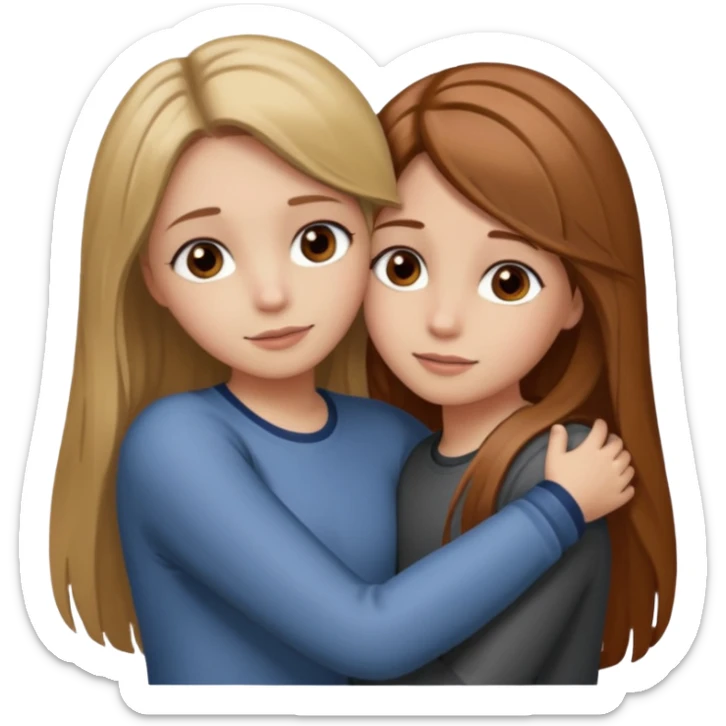 Two girls are hugging. One has dirty blonde hair with a little reddish in it. She has also grey eyes. Her hair is long and straight. The other girl has dark brown hair with hazel eyes sticker