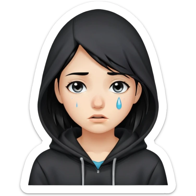 girl with black hair in black hoodie with tears streaming down her face sticker