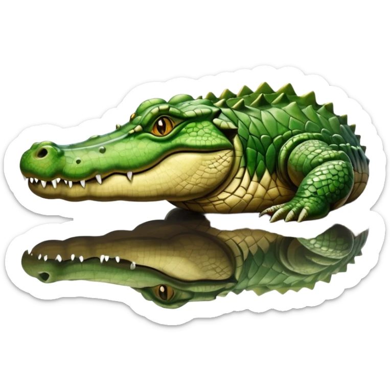 A large crocodile resting on a riverbank, part of its body in water, realistic scales and reflections, natural sunlight. sticker