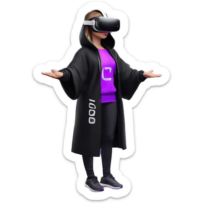 Russian girl wearing black hoody with violet letters "OMG", in vr headset oculus quest2. Standing like jedi. Cyberpunk style. Violet neon. sticker