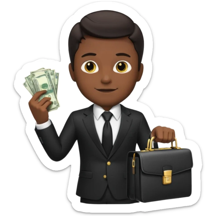 male memoji, dark hair, luxury black suit and tie, holding briefcase and cash, gold watch on wrist, confident smirk, billionaire aura sticker