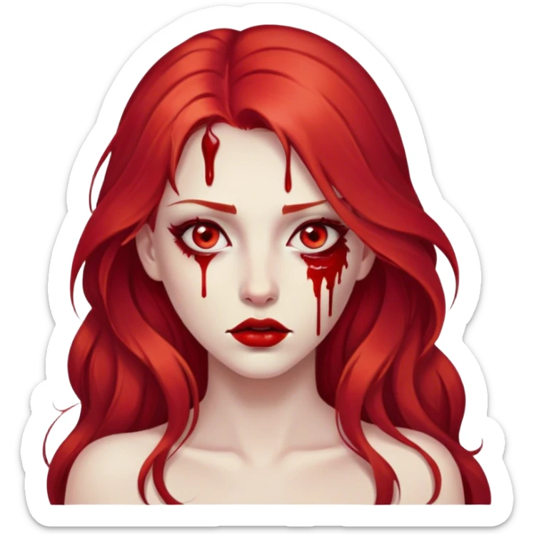 a woman with long red hair and red eyes. She have red lipstick. blood on face and metaphorical chest sticker