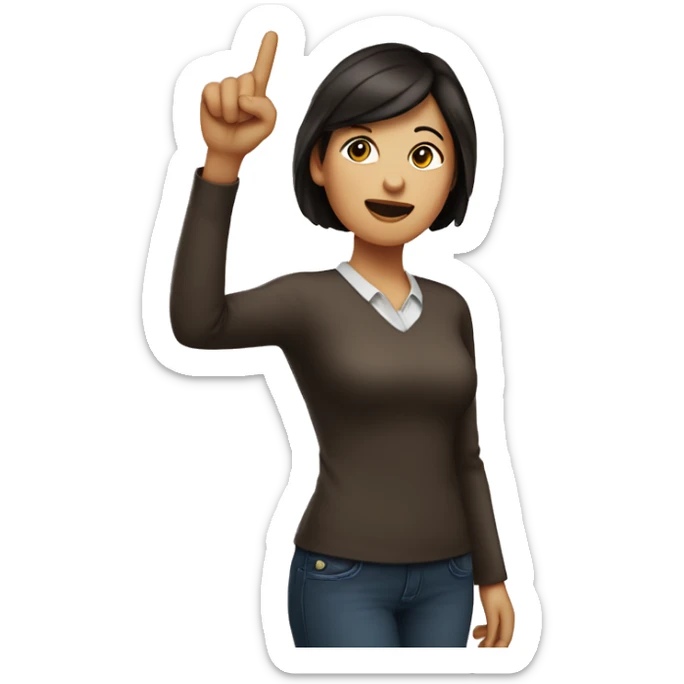 The woman with white skin and dark brown hair is pointing up with their hand with index finger raised. sticker