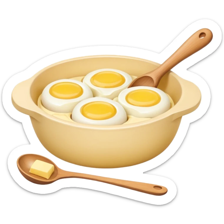 A cream ceramic baking bowl with a wooden spoon in it, a carton of eggs and butter sticker