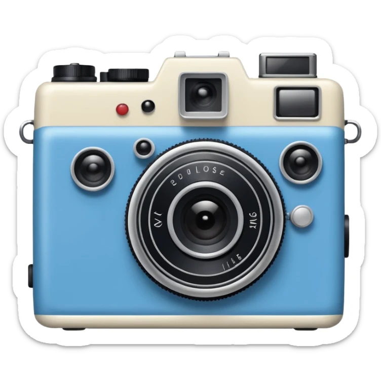 A hand-drawn doodle in a minimalist, cartoon style of a [vintage camera]. The object is white with thick, rough, black marker outlines and two small black dot eyes. It is a simple sketch with no realistic textures, centered on a solid [blue] circular background." sticker