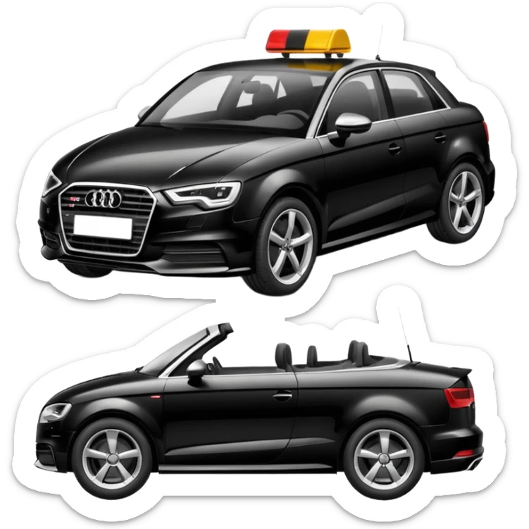 emoji of a black car, model audi a3, being towed by a tow car. profile horizontal view sticker