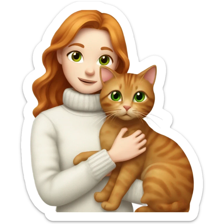 ginger girl with wavy long hair and green eyes in turtle neck white sweater cuddling with a brown cat sticker