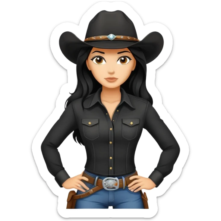 confident hot tanned woman with long black hair cowgirl style wearing black outfit with strong pose sticker