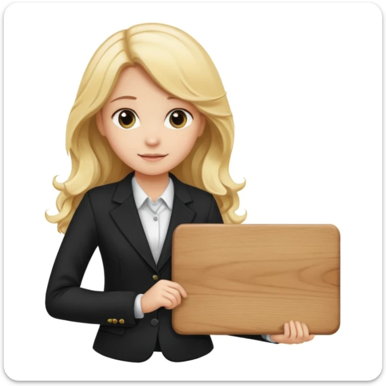 Blonde long wavy hair girl with black office blazer holding a wooden board with a sign 10/10 sticker