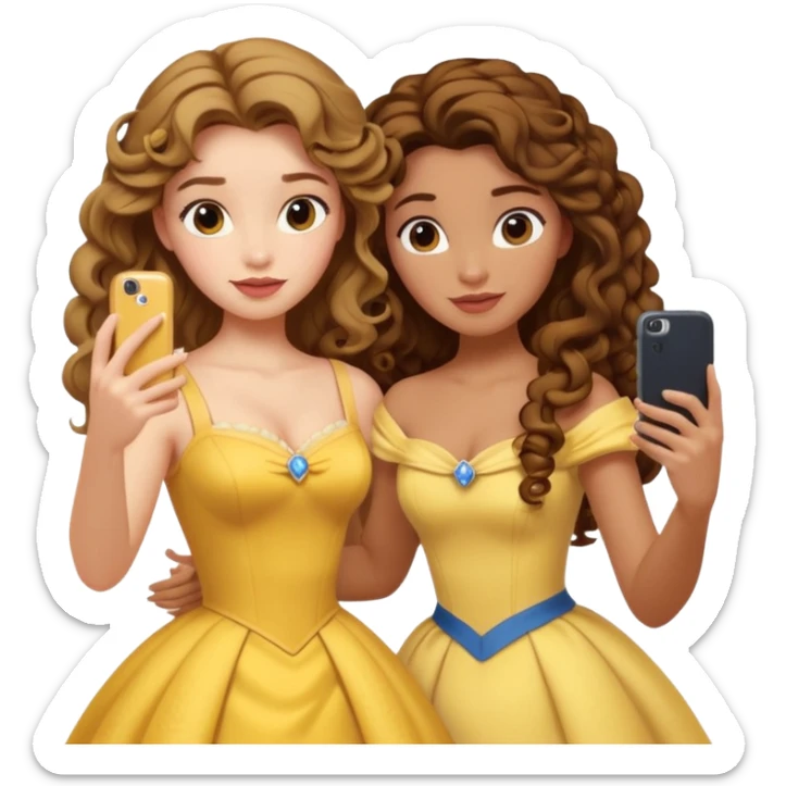 Haz un dos chicad una la princesa Bella de Disney y la otra uo con el pelo rizado largo haciendose un selfie como si et UVI ETB en el perquè de isney sticker