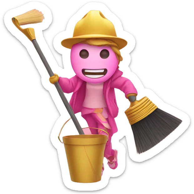 An illustration of an emoji holding a broom, bucket and taking a selfie, in pink and gold colors. sticker