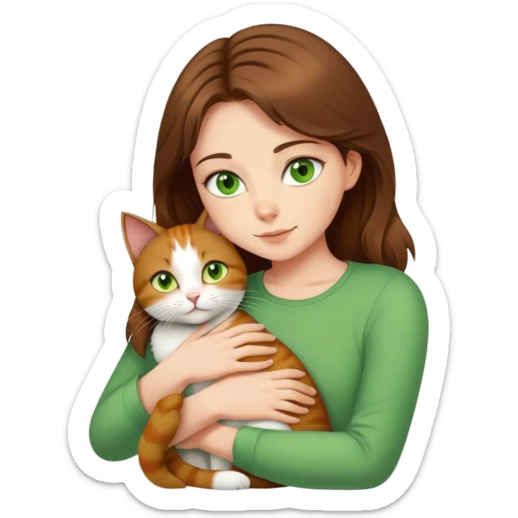 Girl with brown hair, green eyes , with green top hugs European cat with yellow eyes  sticker
