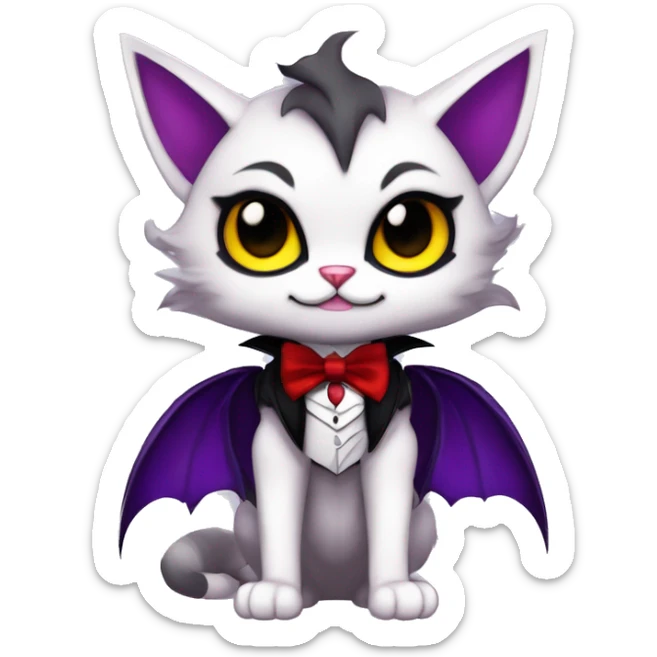 Cute-Evil-Vampiric-Batty-Cat-Black-Purple-Red-Yellow-Contrast-Colors-Fantasy-Fur-Sona-Chibi-Shiny-Fakémon-Hybrid with horns and big fangs neck bow white tie leg spats full body sticker
