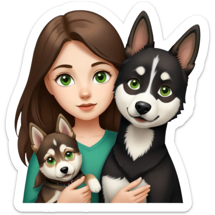 girl with long brown hair green eyes holding one german shepherd and a black and white husky sticker