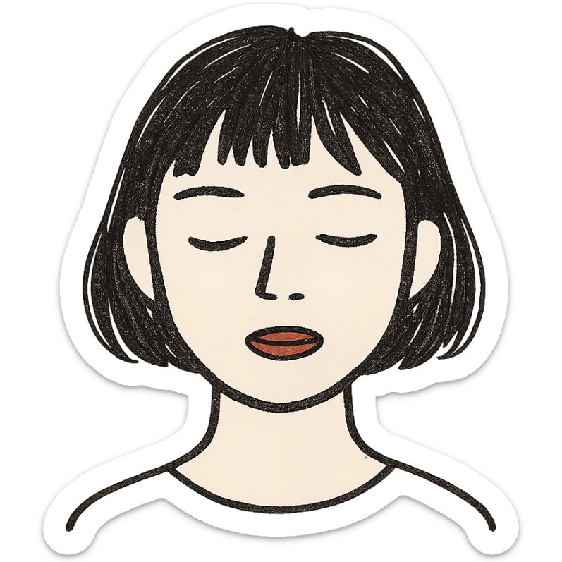 A young Asian woman with short, dark brown hair with bangs, neutral facial expression, closed eyes, vibrant red lips, light beige skin tone, close-up portrait, plain white background, cartoon-like and stylized, bright and saturated colors, even and flat lighting, neutral atmosphere, hand drawn style. sticker