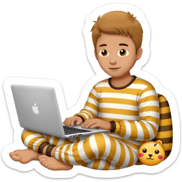 man in striped pajamas and fuzzy slippers typing on a laptop, emoji style sticker