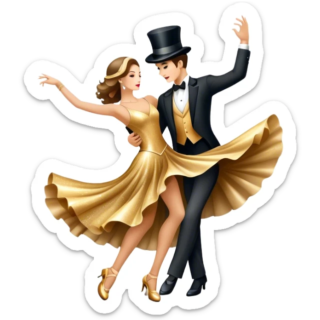 Icon for Ballroom Dancing: a pair of elegant dance shoes, a flowing dress, a top hat, and a dance floor spotlight. The icon should represent the elegance and atmosphere of ballroom dance, focusing on the iconic dance elements. Transparent background. sticker