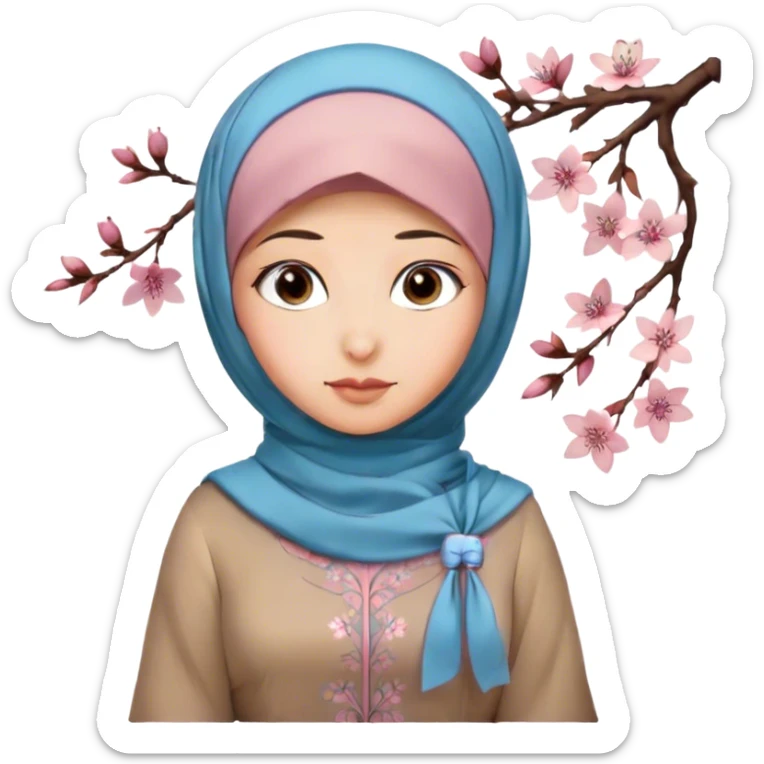 Turkish beautiful finish Konya girl blue eyes with hijab and long tail cherry blossom design dress sticker