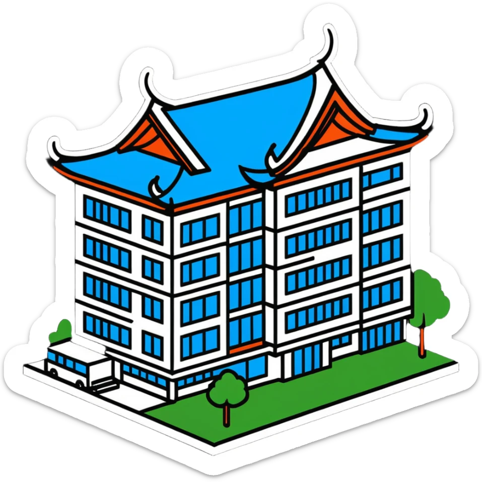 Bangkok hospital with traditional Thai roof details and modern medical facility sticker