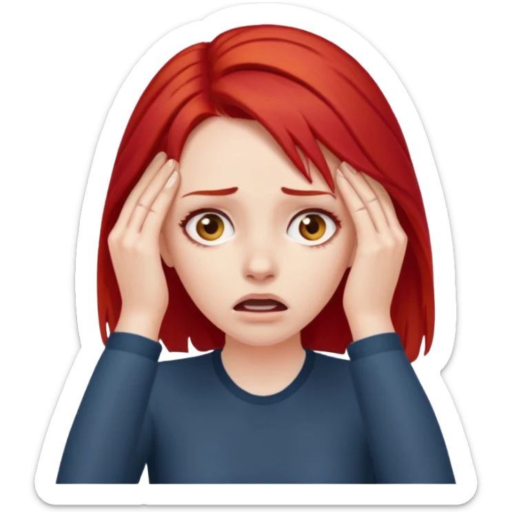 A realistic waist-up portrait of a frightened woman with her hands on her head and red hair sticker