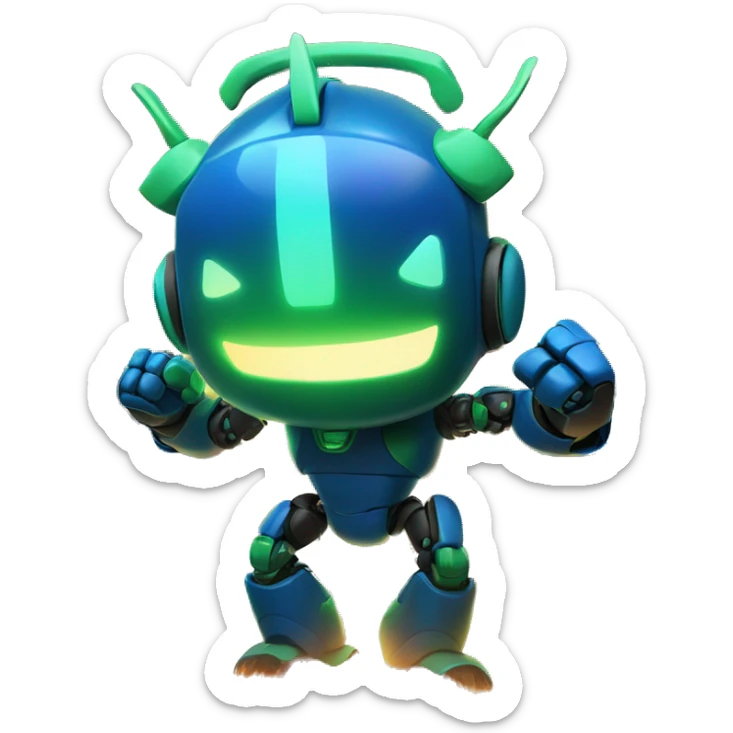 a blue and green robot with bunny ears has a fist in the air, in front of a large fire / flame explosion in the dark
 sticker