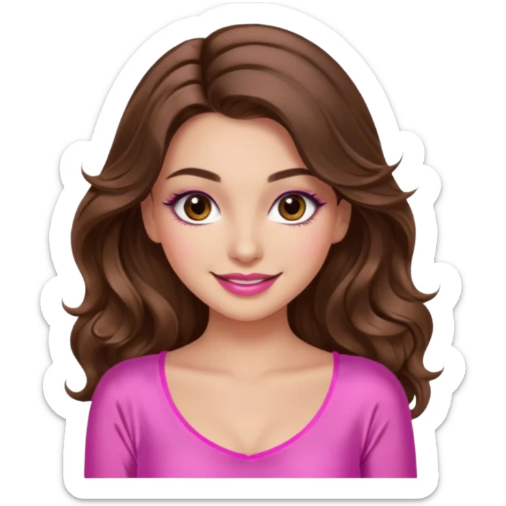 girl with long wavy brown hair, brown eyes, long lashes makeup, sexy pink lips, light to medium complexion, wearing a pink sexy silk top, smiling sticker