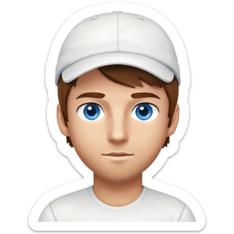 Tennis player with - Brown hair, blue eyes, little stubble(but like shaved), with cap on the head, wearing white t-shirt and white shirts sticker