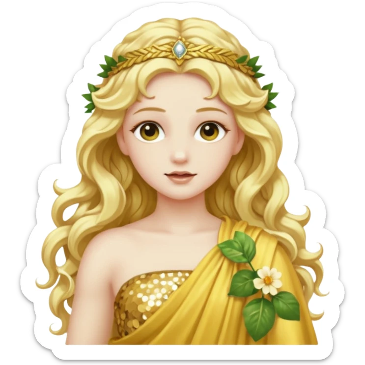 Flora, Goddess of Flowers from Roman Deities with long golden blonde wavy hair, pale yellow sequin toga  sticker