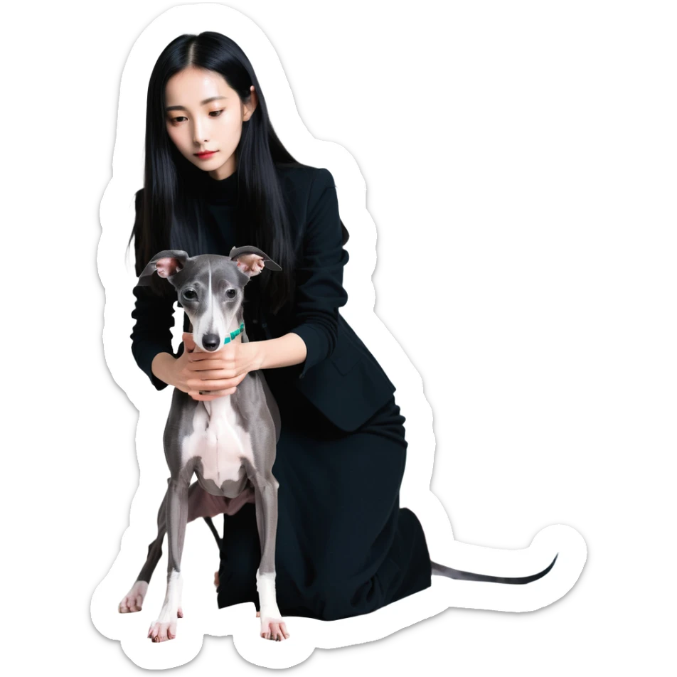 Slim Chinese girl with long black hair petting completely dark grey Italian greyhound with absolutely no white markings anywhere sticker