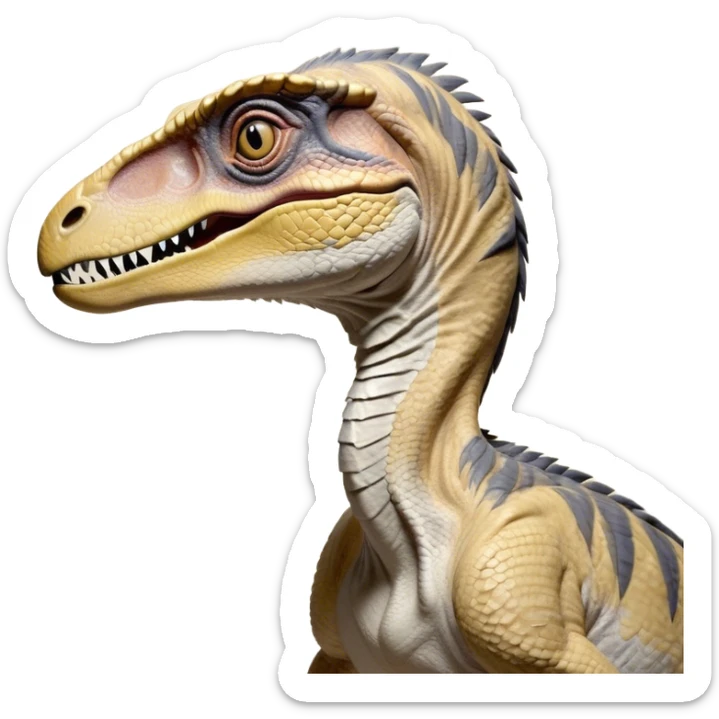 Beautiful and Majestic jurassic park Velociraptor Portrait Emoji, Head and body rendered in serene repose with a subtle, confident smile, showcasing a lithe, agile form with a refined, noble snout and eyes softly closed in tranquil contemplation, Simplified yet exquisitely endearing features, highly detailed, glowing with a soft, drowsy prehistoric light, high shine, relaxed and utterly majestic, stylized with an air of timeless dinosaur elegance, soft glowing outline, capturing the essence of a beautiful and majestic jurassic park Velociraptor that embodies the legendary spirit of jurassic park Park dynamics! sticker