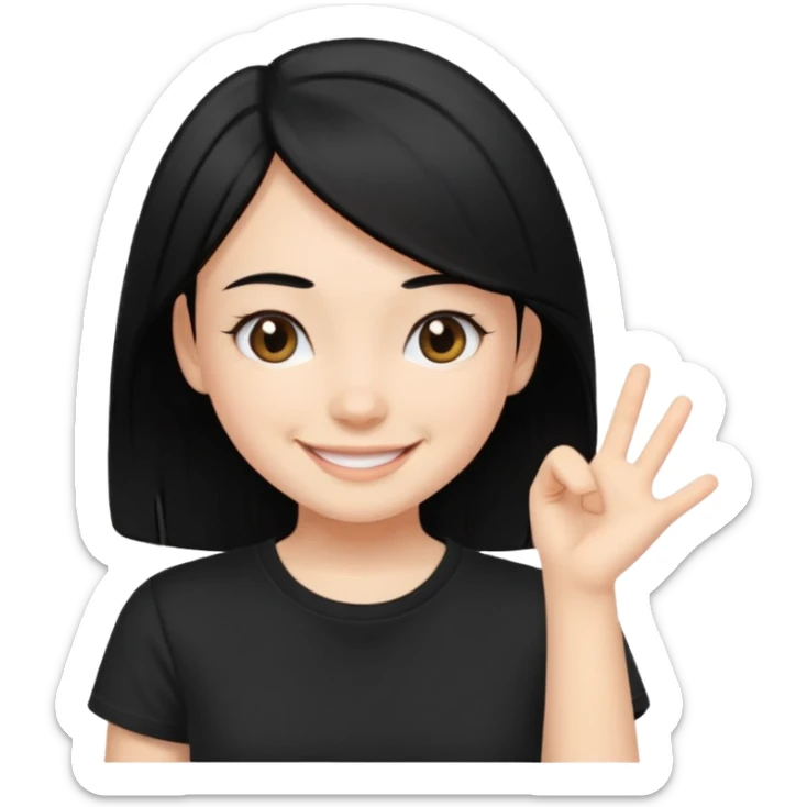 a pretty bratz fair girl with straight black hair, wearing a black tshirt, smiling sticker