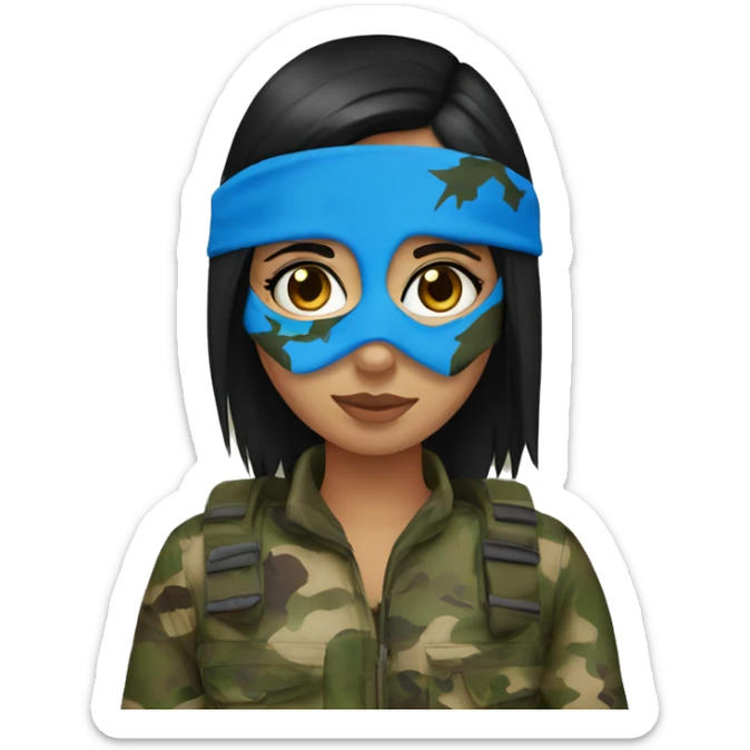 girl black straight hair blue eyes wearing camo hunting mask sticker