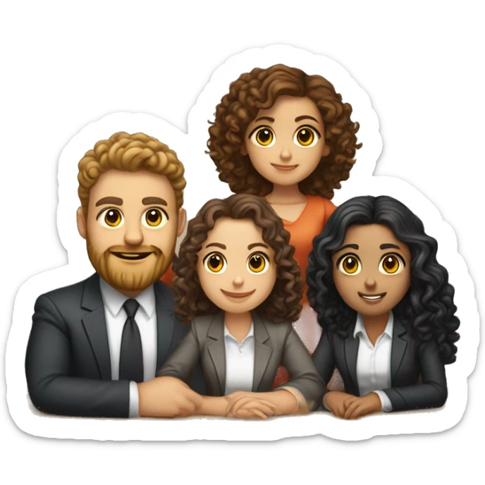 Sitiing on table l hair tanned guy and and one curly dark hair girl one fat guy with a beard and one girl with brown curly hair and two twinsExclusic club guys and girls five people  suits and hanging around they are light skinned and white a table sticker