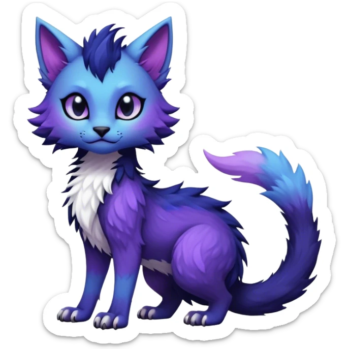 Kawaii dark black and blue and purple edgy fantasy ethereal feline-vernid-sergal-fursona animal creature with a tufted tail full body sticker