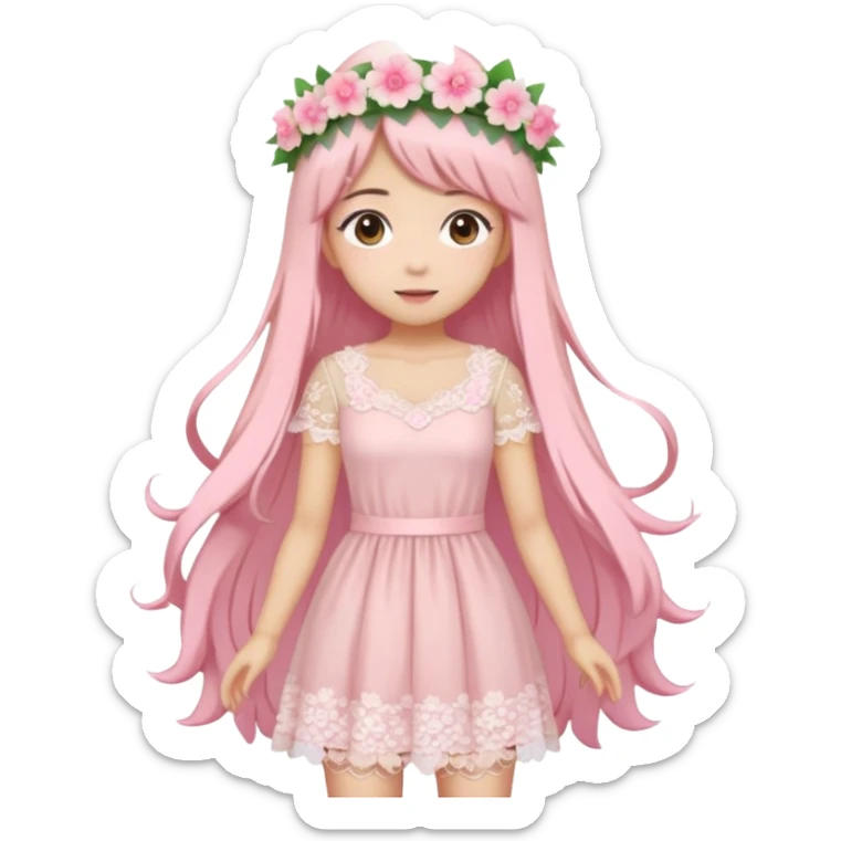 pastel anime woman with pink and white lace dress full body and long hair with flower crown sticker