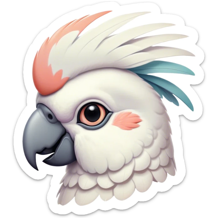 Cinematic Noble Cockatoo Portrait Emoji, Poised and regal, with a striking, crest-adorned head of brilliant white and pastel hues, a robust, curved beak, and piercing, intelligent eyes, Simplified yet sharp and sophisticated features, highly detailed, glowing with a soft, tropical luminescence, high shine, intelligent and majestic, stylized with an air of avian elegance, focused and alert, soft glowing outline, capturing the essence of a watchful and confident cockatoo that appears ready to unfurl its crest out of the screen with effortless authority! sticker
