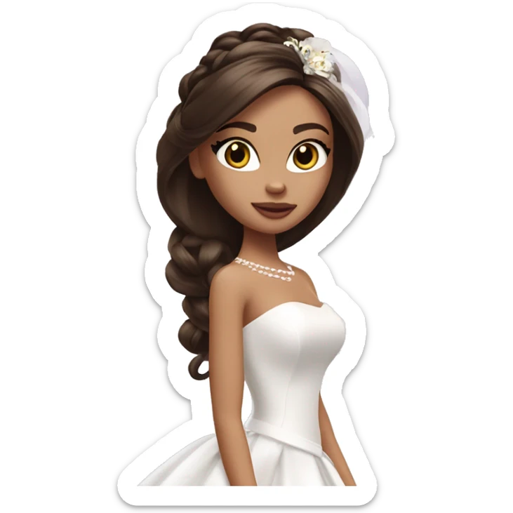 Bratz, bride, brunette half up half down hair, white skin, brown almond cat eyes sticker
