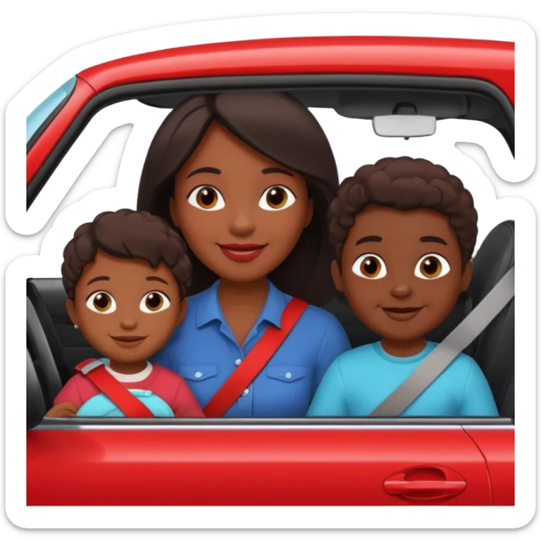 Dark Skin mom with two children, one young boy and a baby girl in a car red sticker