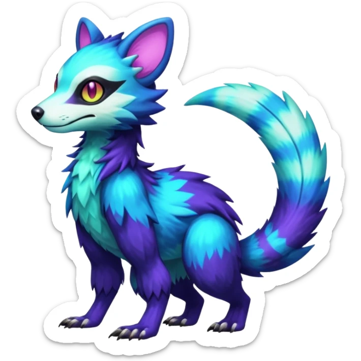 Colorful translucent luminescent neon-glowing Trico-Sergal-Furret-Ferret-Wolverine-Vernid-furry-fursona-fusion-Fakemon-animal-hybrid-creature, full body sticker