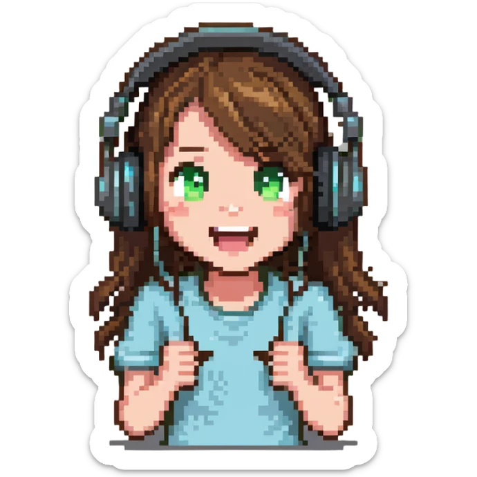 brown-haired gamer girl, excited expression, headphones, head only, emote sticker