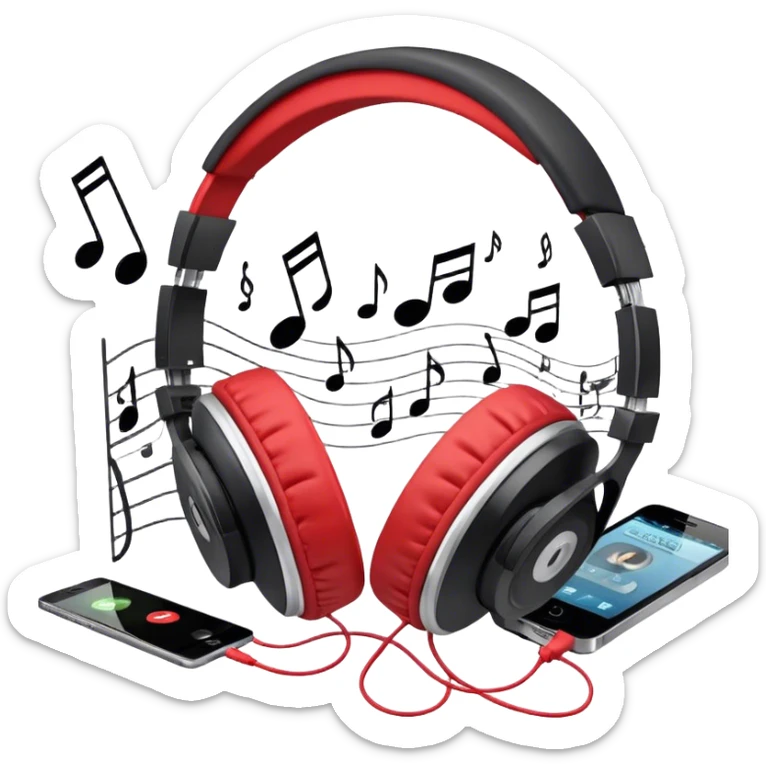 Icon for R&B Music Listening: a pair of high-quality headphones with a music player and speaker beside it, surrounded by musical notes and a subtle background of R&B-related elements like smooth grooves or a microphone and raper's hat. Transparent background. sticker