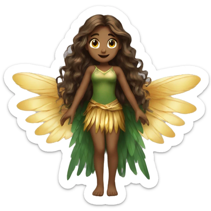 big wings, Beautiful, fairy, gold, brown, dark green, green, long hair sticker