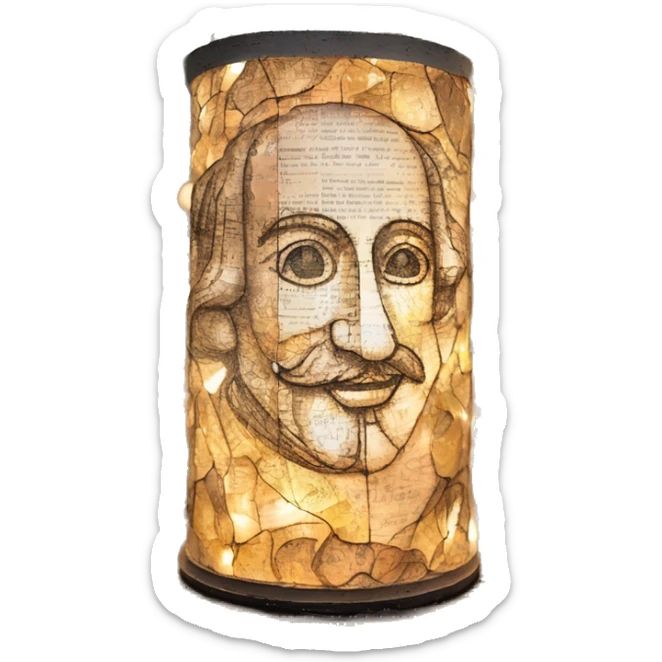 Glowing Shakespeare made of newspaper and bokeh fairy lights lanterns stained glass, fairy lights, bokeh, annotated sketch, handwritten letters, collage of intricate patterns, lantern, bokeh sticker