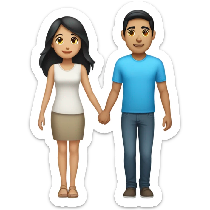 a couple holding hands. the guy has black middle part hair and is Persian and Filipino mix. the girl has brown brunette medium length hair white and asian mix. sticker