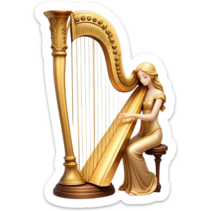 Cinematic Realistic Harp, a grand golden harp with intricately carved details, delicate strings shimmering under soft candlelight, rich wood tones adding warmth, a musician’s gentle fingers plucking a note, glowing with an ethereal and majestic aura. sticker