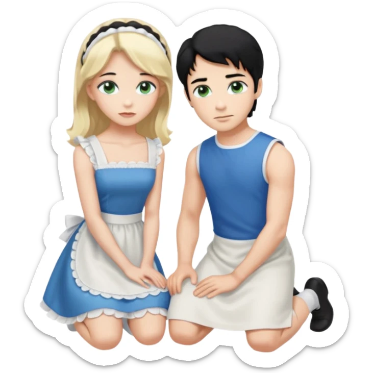 Prince, standing, black hair, blue eyes, and maid, blonde Hair, green eyes, white short sleveless dress, kneeling  sticker