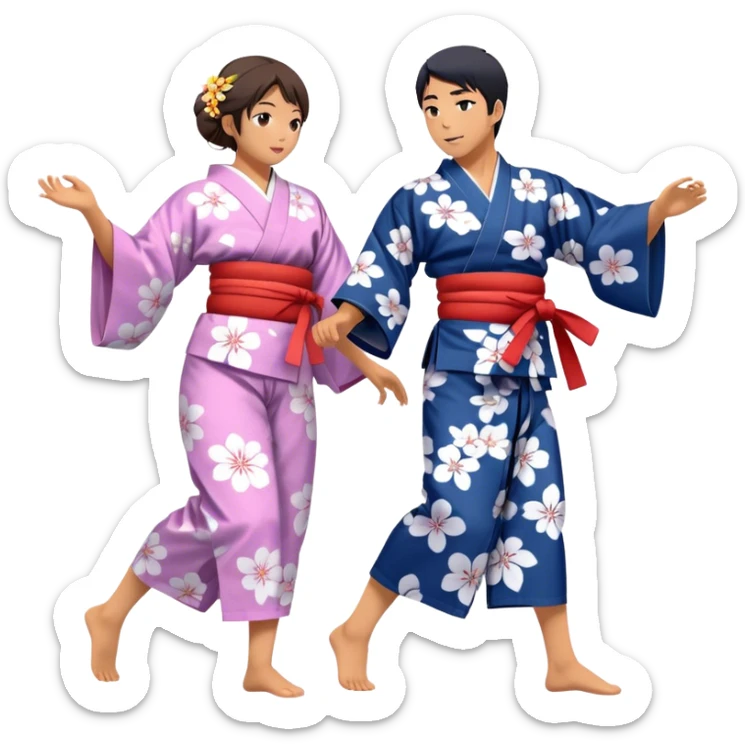 Cinematic Realistic scene of two performers engaging in Bon Odori, dressed in traditional yukata with intricate summer patterns, captured in graceful, rhythmic motion with warm, festive lighting sticker